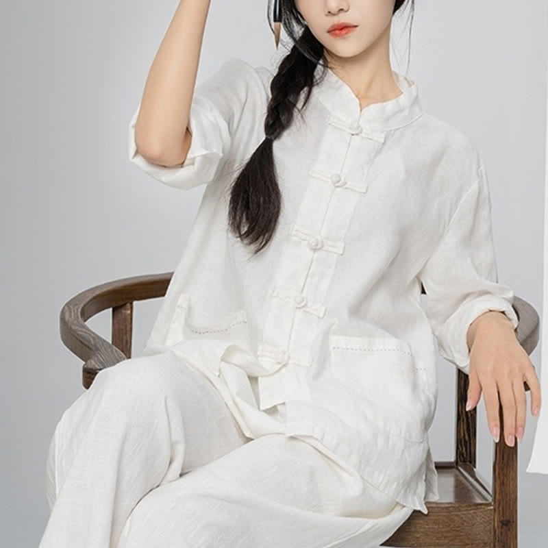 Buddha Stones無地 カエルボタン 長袖 リネン レディース シャツ ポケット付き - image 25