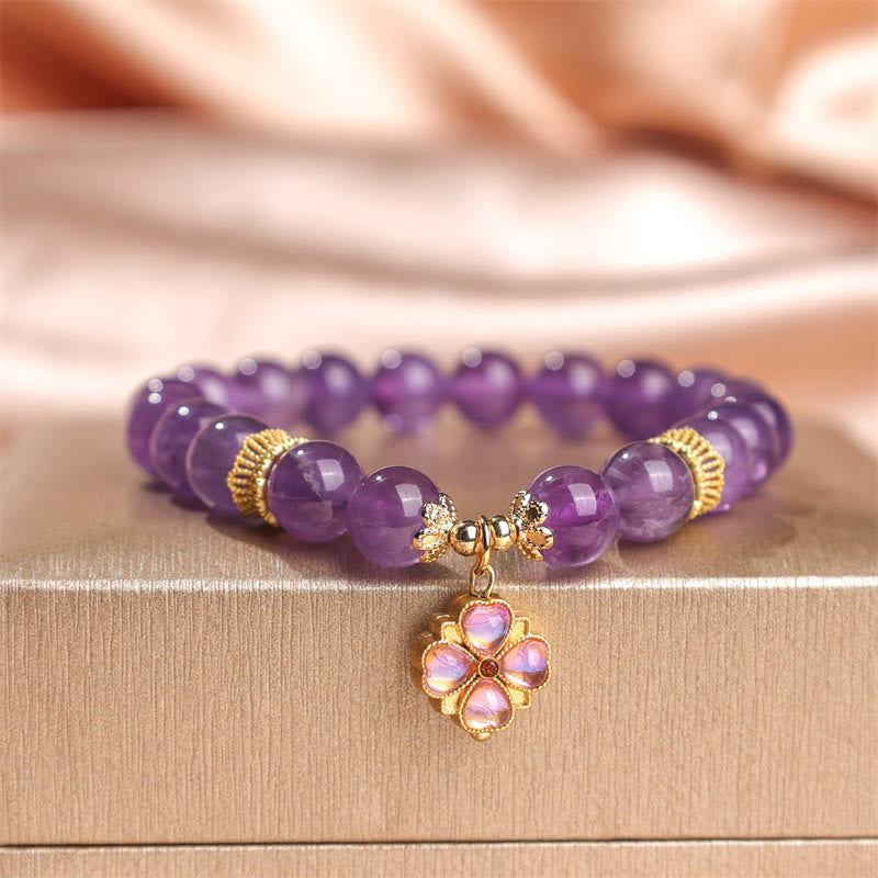 Buddha Stones天然アメジスト四つ葉のクローバーチャームコミュニケーションブレスレット