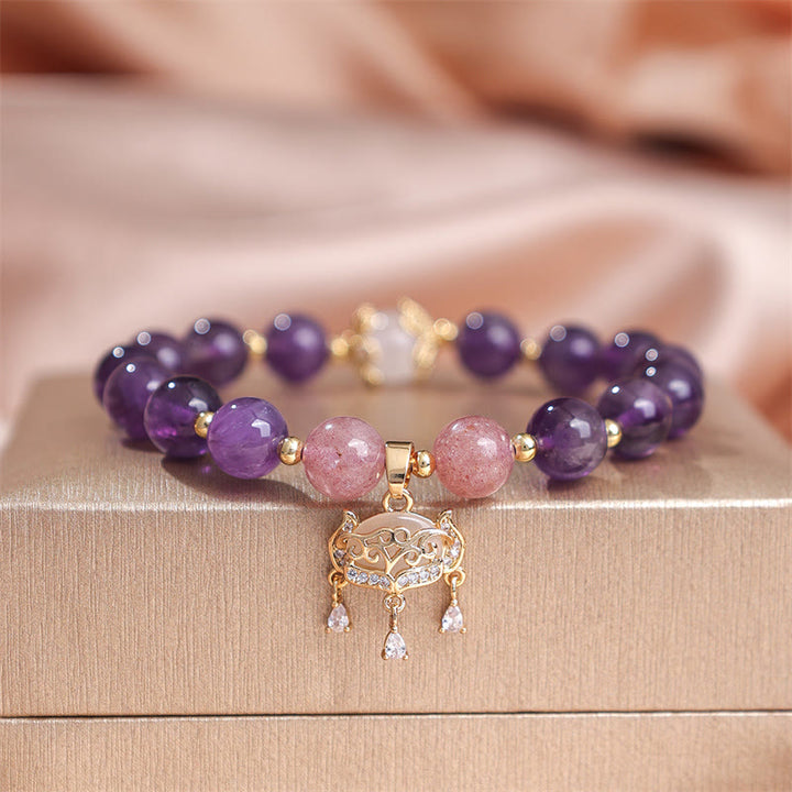 Buddha Stones天然アメジスト ストロベリークォーツ ピースロックチャーム ポジティブブレスレット