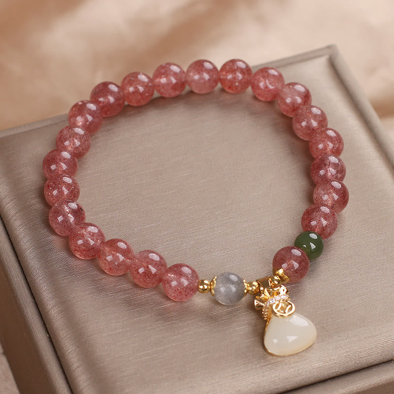 Buddha Stones天然ストロベリークォーツ マネーバッグチャーム ポジティブブレスレット