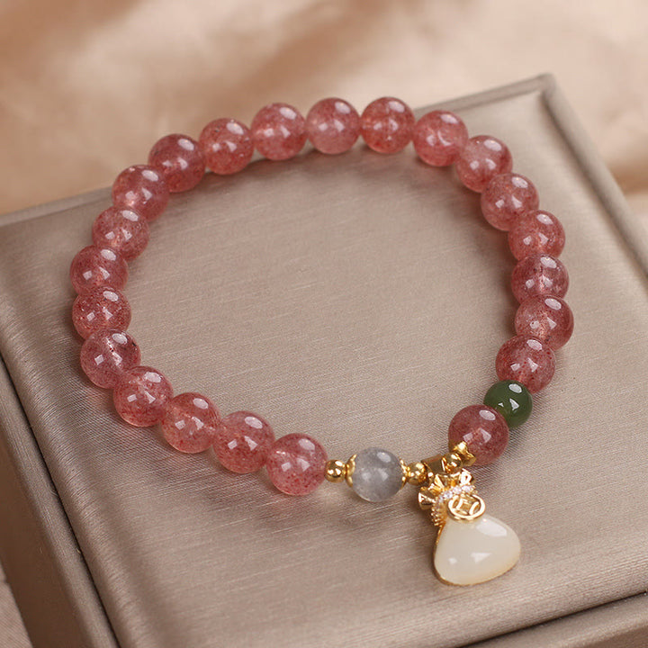 Buddha Stones天然ストロベリークォーツ マネーバッグチャーム ポジティブブレスレット