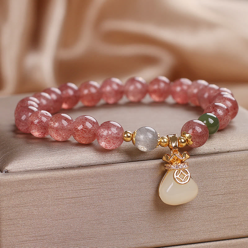 Buddha Stones天然ストロベリークォーツ マネーバッグチャーム ポジティブブレスレット