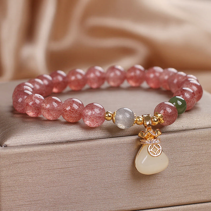Buddha Stones天然ストロベリークォーツ マネーバッグチャーム ポジティブブレスレット