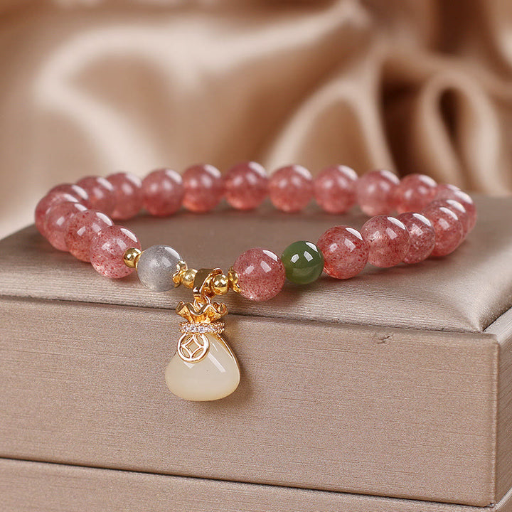 Buddha Stones天然ストロベリークォーツ マネーバッグチャーム ポジティブブレスレット