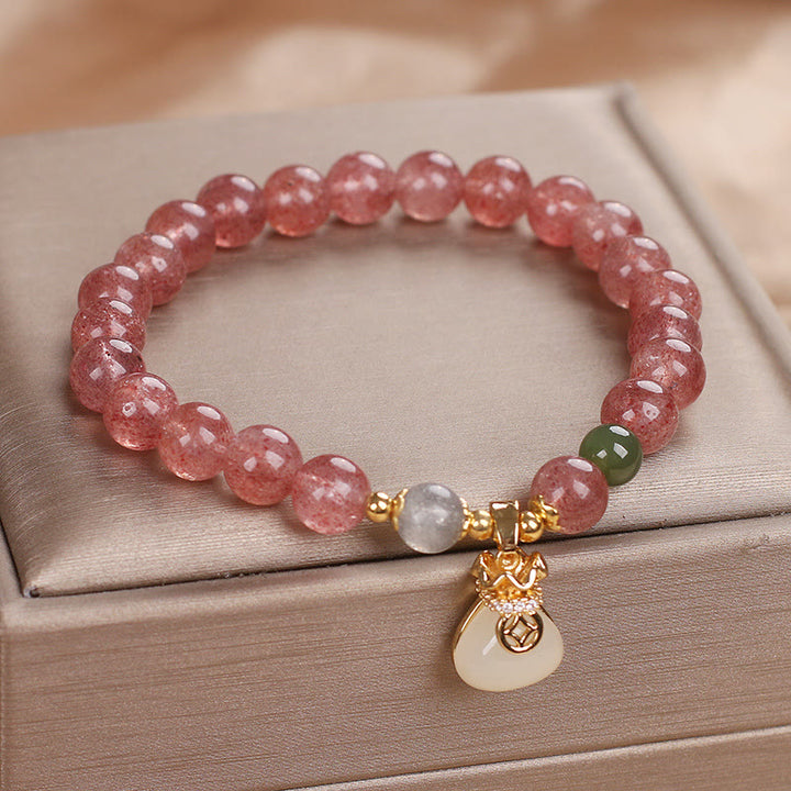 Buddha Stones天然ストロベリークォーツ マネーバッグチャーム ポジティブブレスレット