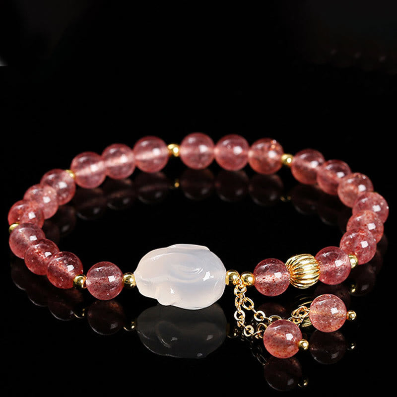 Buddha Stones天然ストロベリークォーツ アゲート ラビット ヒーリングブレスレット