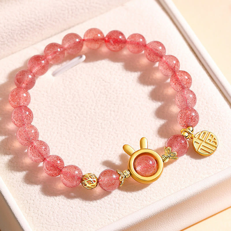 Buddha Stones天然ストロベリークォーツ うさぎの福キャラクターチャームラブブレスレット
