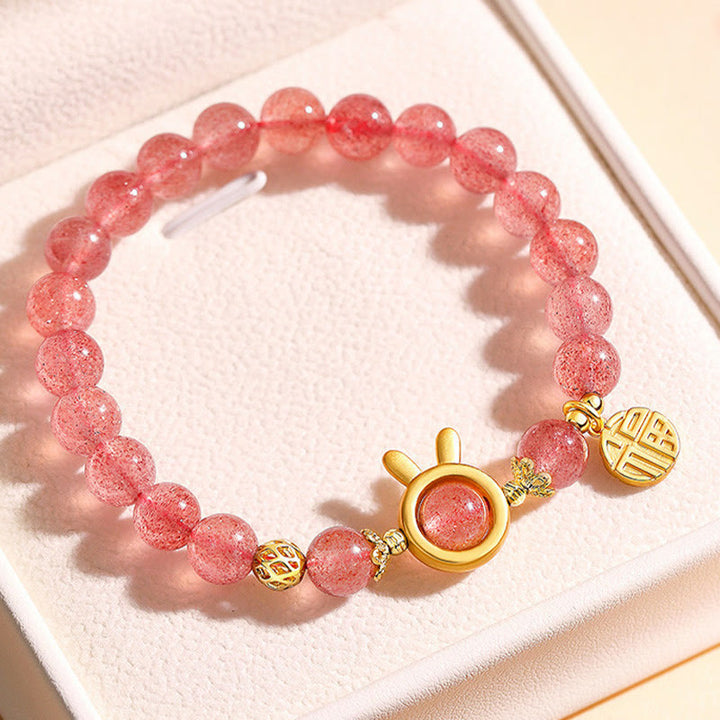 Buddha Stones天然ストロベリークォーツ うさぎの福キャラクターチャームラブブレスレット