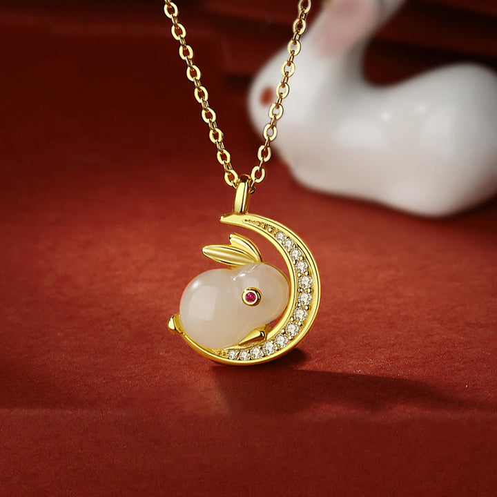 Buddha Stones 925スターリングシルバー 和田白翡翠 うさぎ 三日月 幸運のネックレスペンダント