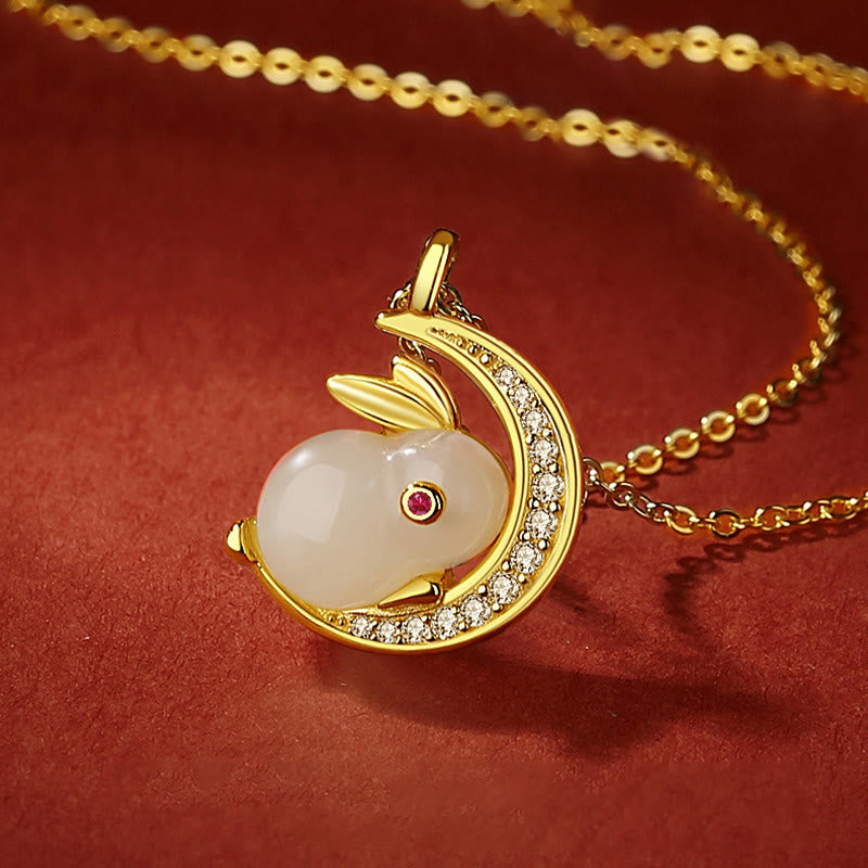 Buddha Stones 925スターリングシルバー 和田白翡翠 うさぎ 三日月 幸運のネックレスペンダント - image 1