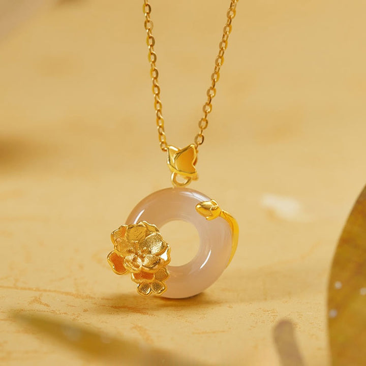 Buddha Stonesナチュラル 925 スターリングシルバー ホワイトカルセドニー ピースバックル ピーチブロッサム バタフライ ポジティブネックレス ペンダント