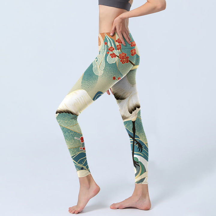 Buddha Stones、鶴、梅の花、山々のプリントジムレギンスレディースヨガパンツ - image 3