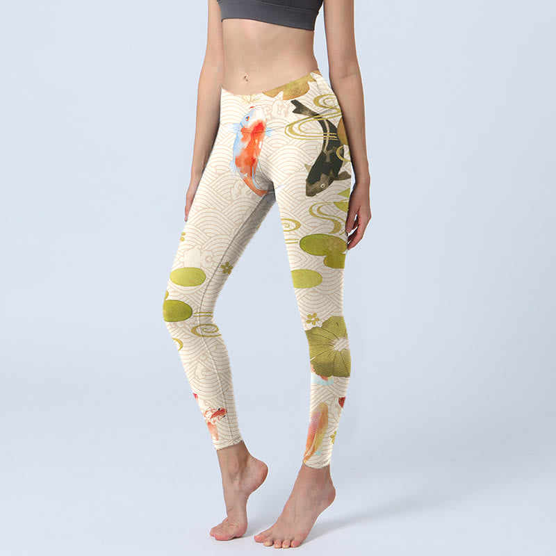 Buddha Stones、鯉、蓮の葉のプリントジムレギンス、レディースヨガパンツ - 象牙 - US18、 UK/AU22、 EU50 (4XL) - image 1