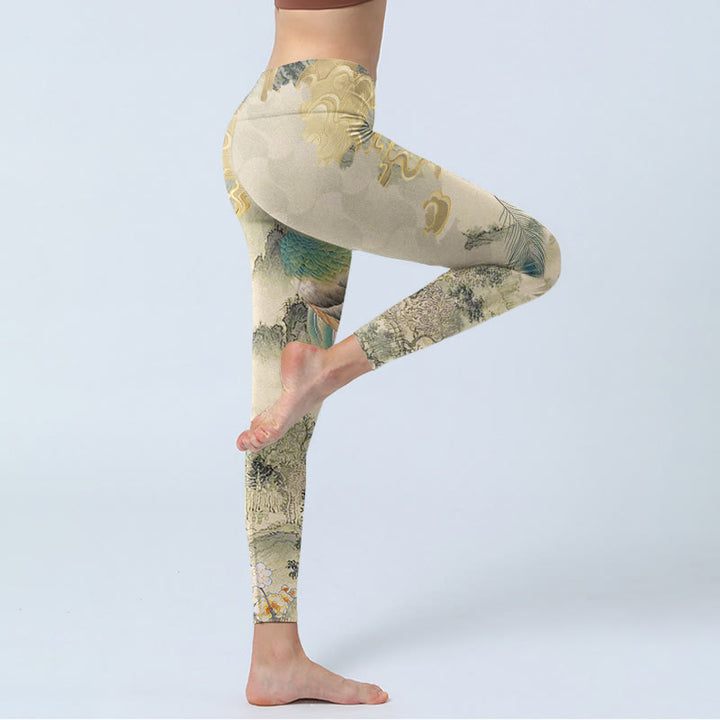 Buddha Stones、孔雀、吉兆の雲、山の花柄プリントのジムレギンス、レディースヨガパンツ - image 5