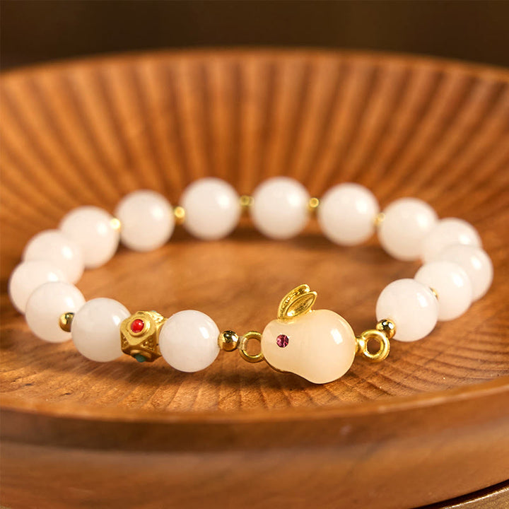 Buddha Stonesゴールデンシルク翡翠 かわいいウサギの幸運ブレスレット