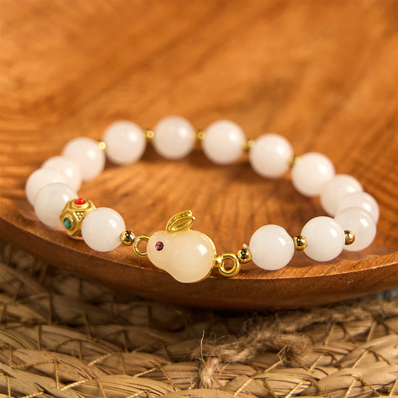 Buddha Stonesゴールデンシルク翡翠 かわいいウサギの幸運ブレスレット