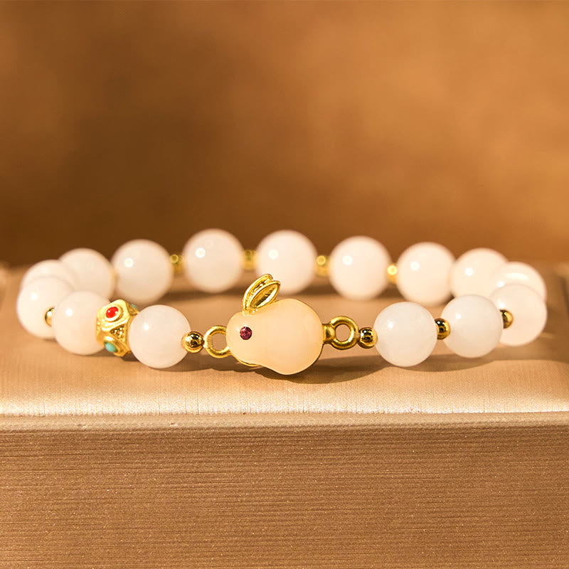 Buddha Stonesゴールデンシルク翡翠 かわいいウサギの幸運ブレスレット