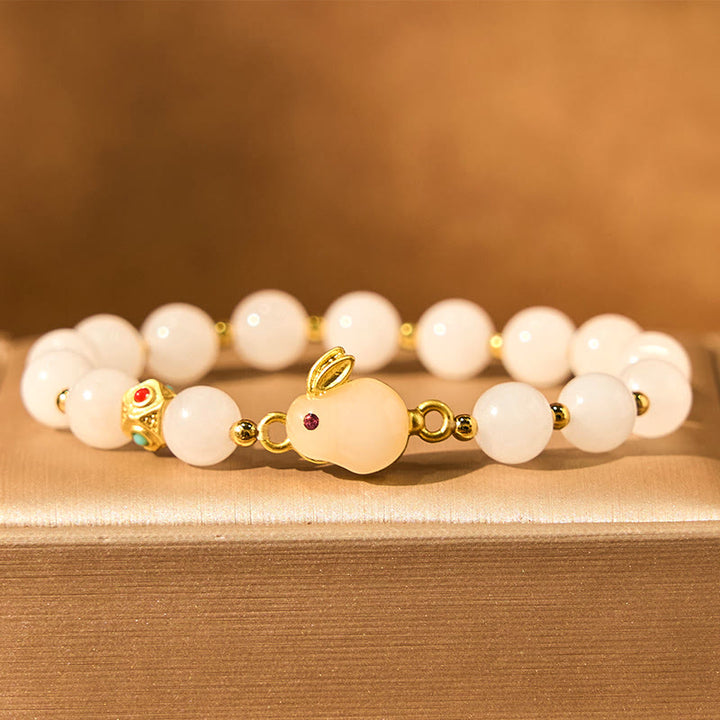 Buddha Stonesゴールデンシルク翡翠 かわいいウサギの幸運ブレスレット