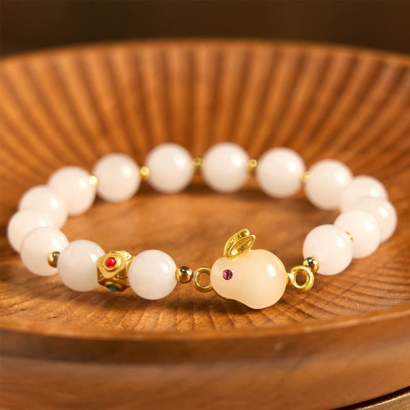 Buddha Stonesゴールデンシルク翡翠 かわいいウサギの幸運ブレスレット