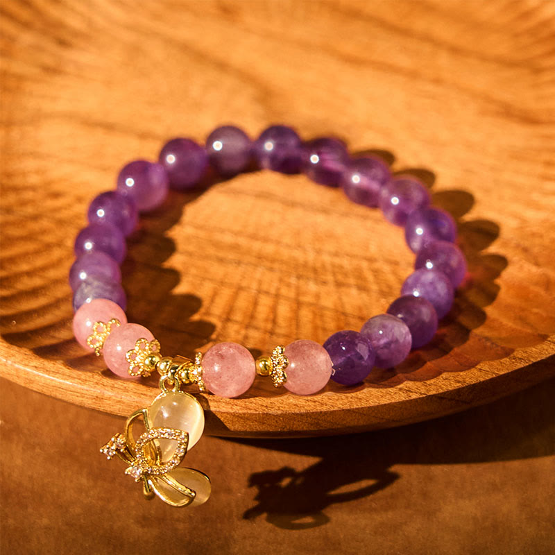 Buddha Stones天然アメジスト ストロベリークォーツ クリスタル ヒーリングバタフライチャームブレスレット
