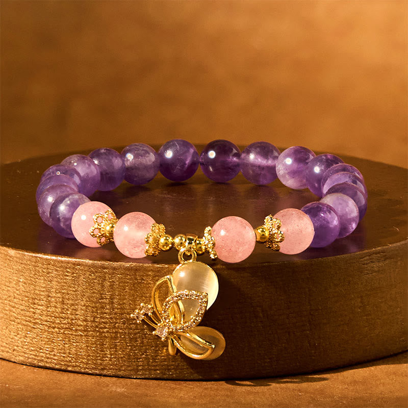 Buddha Stones天然アメジスト ストロベリークォーツ クリスタル ヒーリングバタフライチャームブレスレット