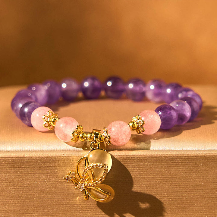 Buddha Stones天然アメジスト ストロベリークォーツ クリスタル ヒーリングバタフライチャームブレスレット
