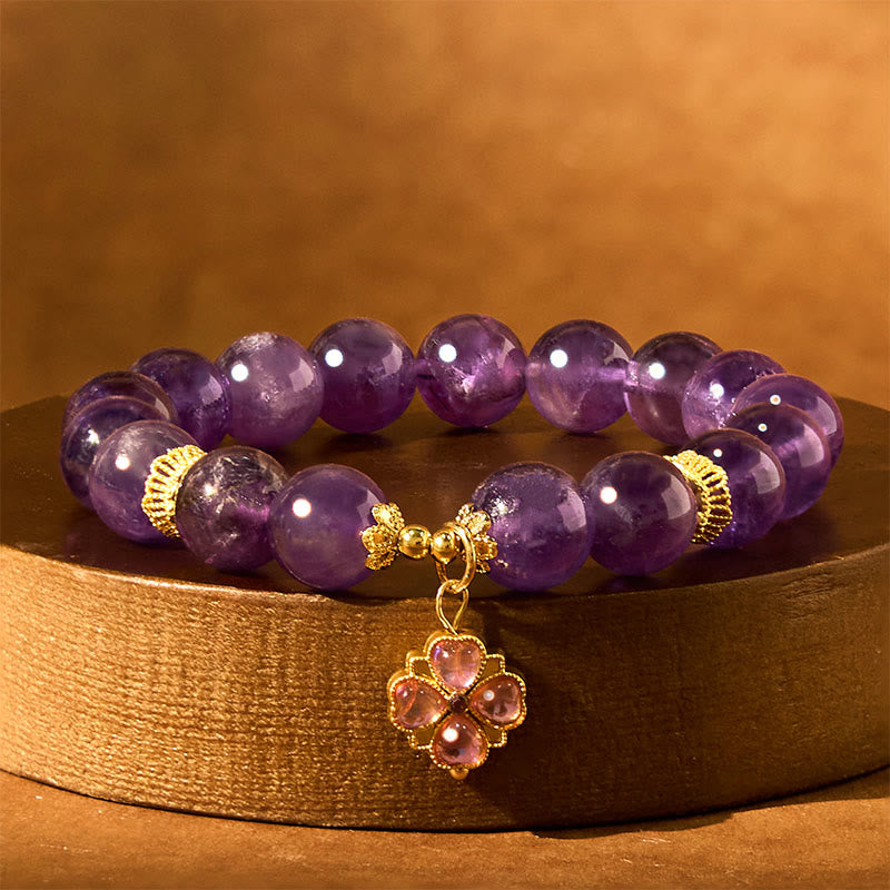 Buddha Stones天然アメジスト四つ葉のクローバーチャームコミュニケーションブレスレット
