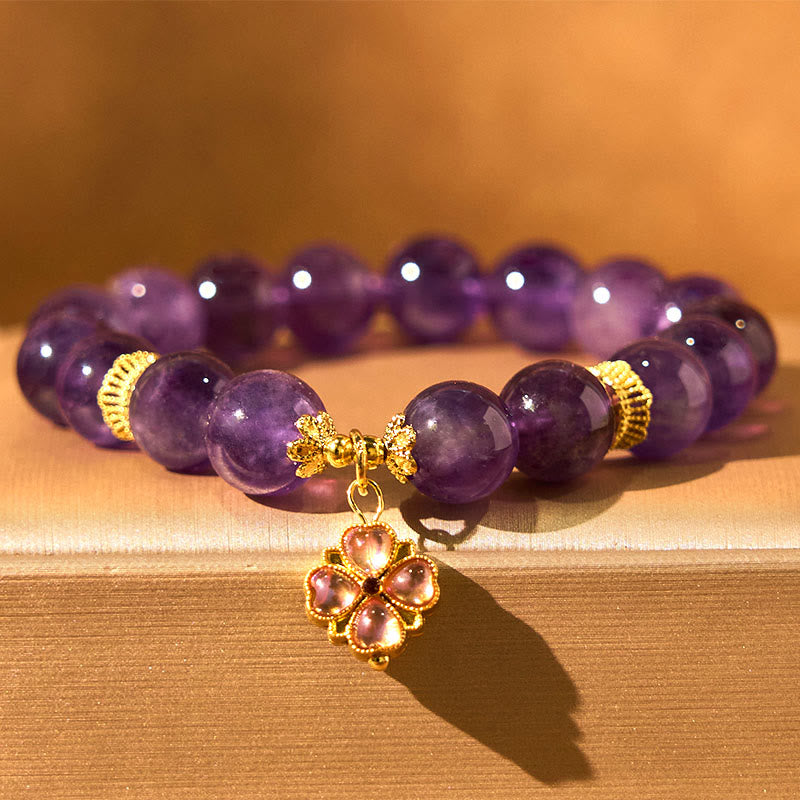 Buddha Stones天然アメジスト四つ葉のクローバーチャームコミュニケーションブレスレット