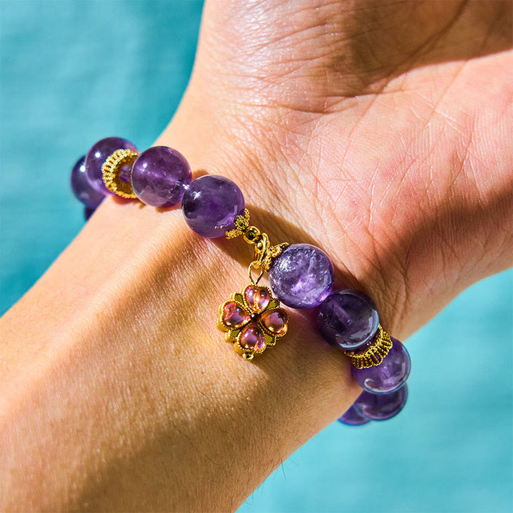 Buddha Stones天然アメジスト四つ葉のクローバーチャームコミュニケーションブレスレット
