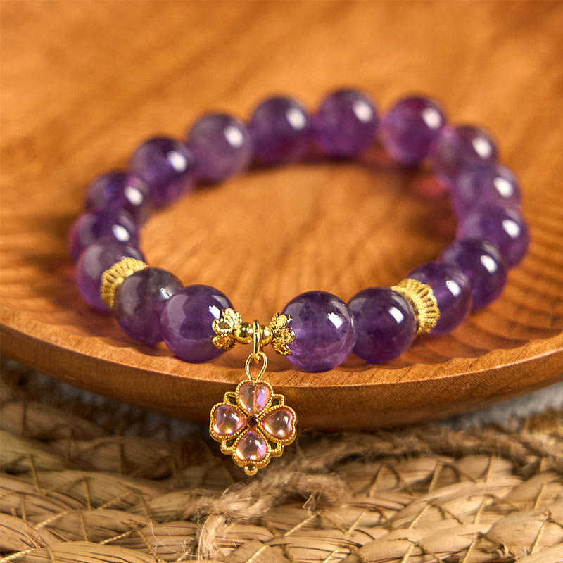 Buddha Stones天然アメジスト四つ葉のクローバーチャームコミュニケーションブレスレット