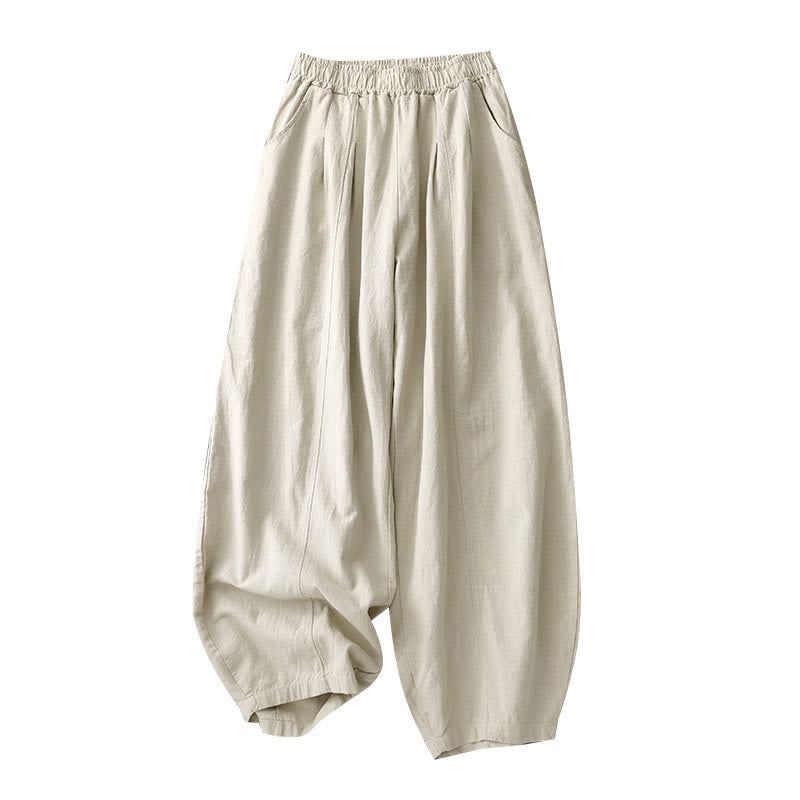 Buddha Stonesカジュアル 無地 7-8丈 レディース コットンリネン ハーレムパンツ ポケット付き