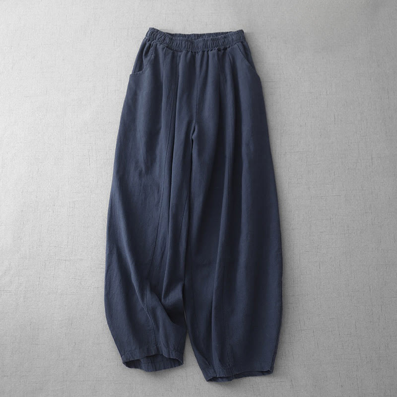 Buddha Stonesカジュアル 無地 7-8丈 レディース コットンリネン ハーレムパンツ ポケット付き