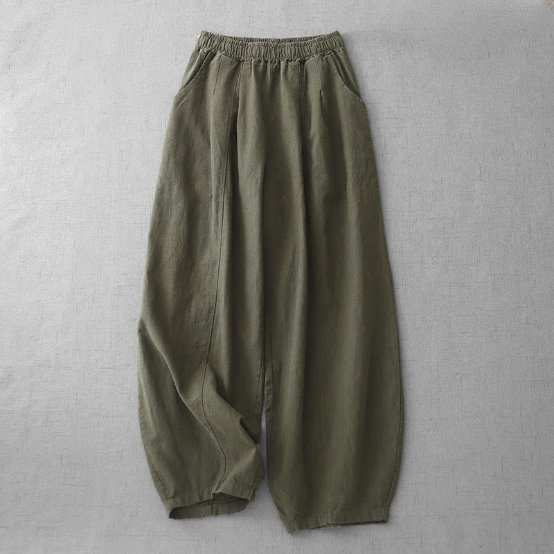 Buddha Stonesカジュアル 無地 7-8丈 レディース コットンリネン ハーレムパンツ ポケット付き