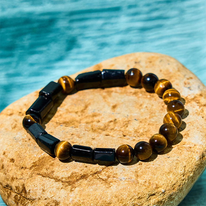 Buddha Stones天然ブラックトルマリン タイガーアイ ポジティブブレスレット