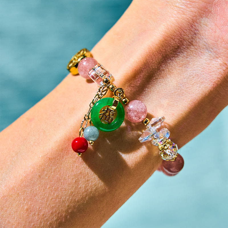 Buddha Stones ストロベリークォーツ＆翡翠 福チャーム付き ヒーリングブレスレット