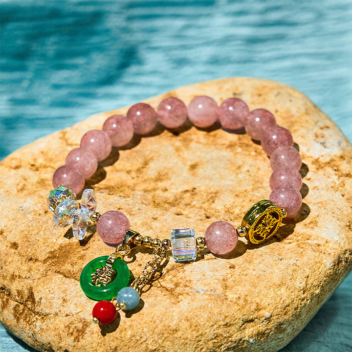 Buddha Stones ストロベリークォーツ＆翡翠 福チャーム付き ヒーリングブレスレット