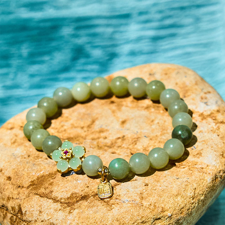 Buddha Stones 緑翡翠 花モチーフ 福チャーム 幸運 ブレスレット