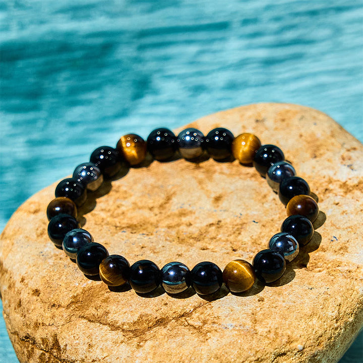 Buddha Stones天然タイガーアイオブシディアンヘマタイトポジティブパワフルブレスレット