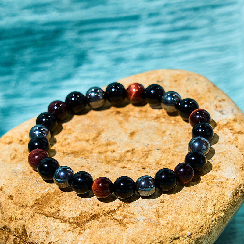 Buddha Stones天然タイガーアイオブシディアンヘマタイトポジティブパワフルブレスレット