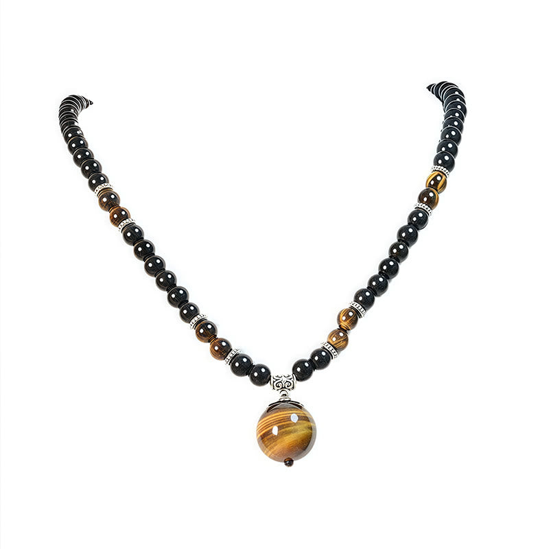 Buddha Stonesブラックオブシディアン タイガーアイ 強化ネックレス ペンダント
