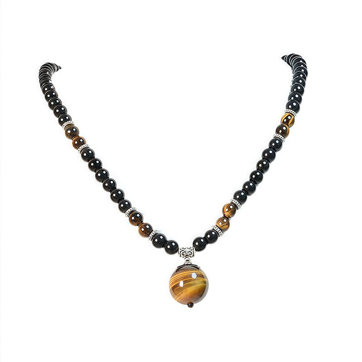 Buddha Stonesブラックオブシディアン タイガーアイ 強化ネックレス ペンダント