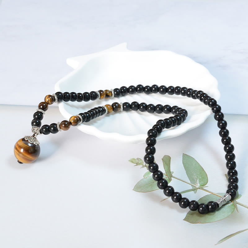 Buddha Stonesブラックオブシディアン タイガーアイ 強化ネックレス ペンダント