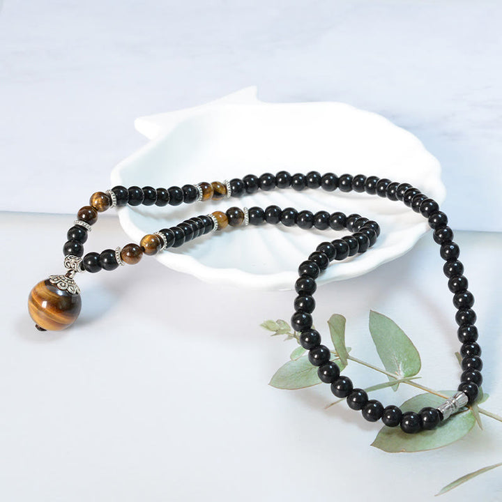 Buddha Stonesブラックオブシディアン タイガーアイ 強化ネックレス ペンダント