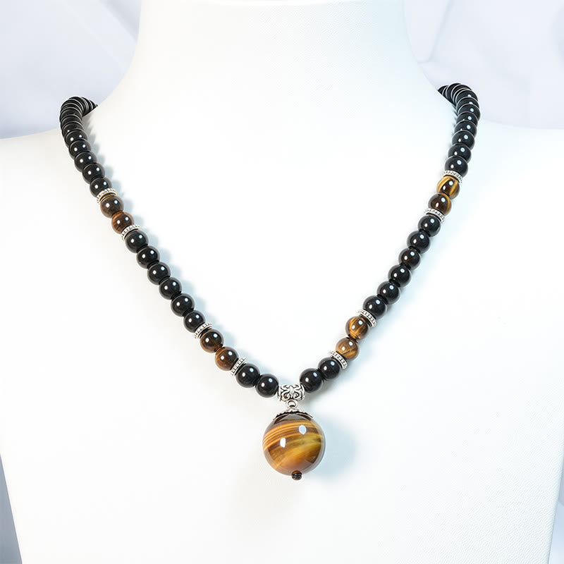 Buddha Stonesブラックオブシディアン タイガーアイ 強化ネックレス ペンダント