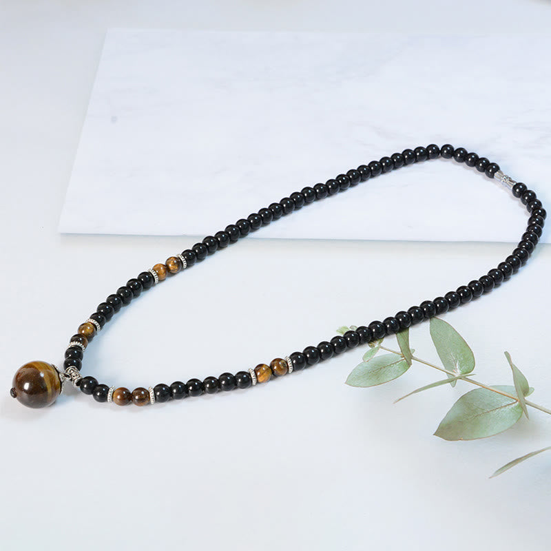 Buddha Stonesブラックオブシディアン タイガーアイ 強化ネックレス ペンダント