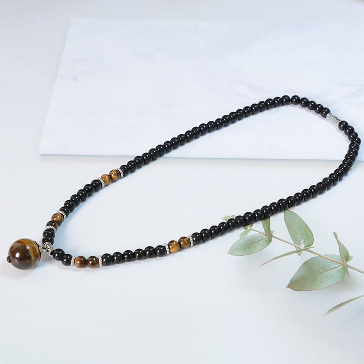 Buddha Stonesブラックオブシディアン タイガーアイ 強化ネックレス ペンダント