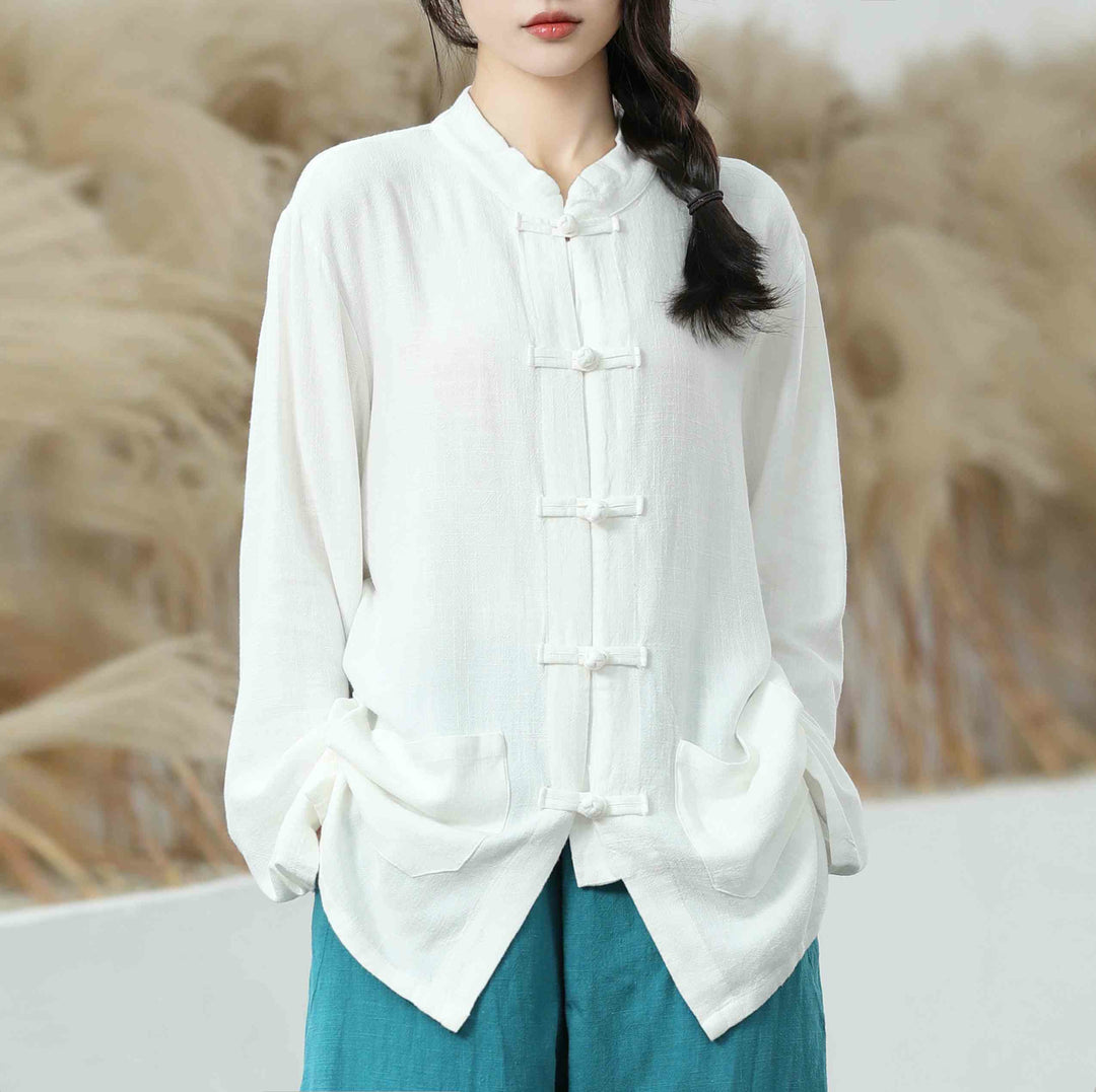 Buddha Stones無地 カエルボタン 長袖 コットンリネン レディース シャツ ポケット付き - 白 - US6、 UK/AU10、 EU38 (XL) - image 1