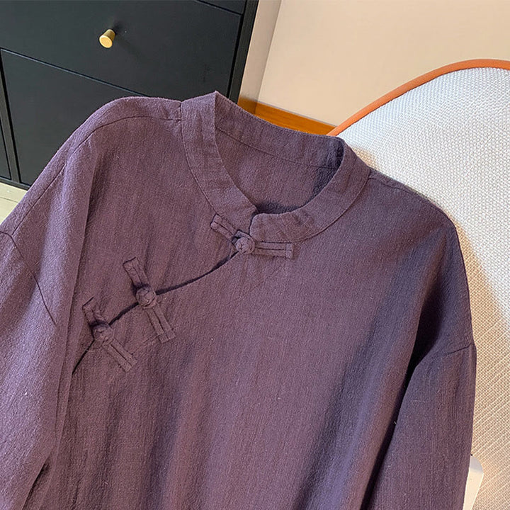 Buddha Stonesカジュアル レディース 無地 フロッグボタン スタンドカラーデザイン 長袖 コットンリネン シャツ - image 3