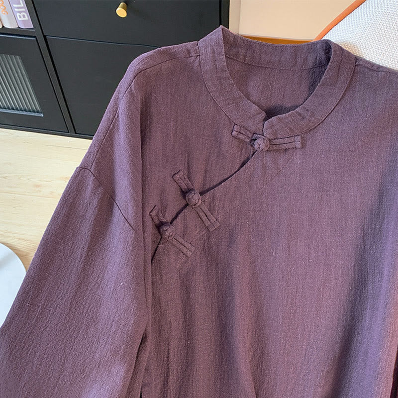 Buddha Stonesカジュアル レディース 無地 フロッグボタン スタンドカラーデザイン 長袖 コットンリネン シャツ - image 5