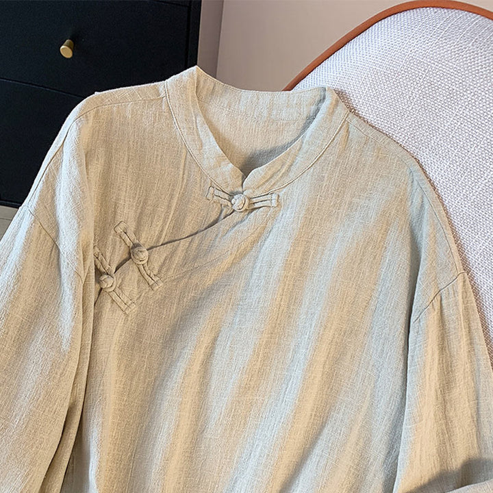 Buddha Stonesカジュアル レディース 無地 フロッグボタン スタンドカラーデザイン 長袖 コットンリネン シャツ - image 14